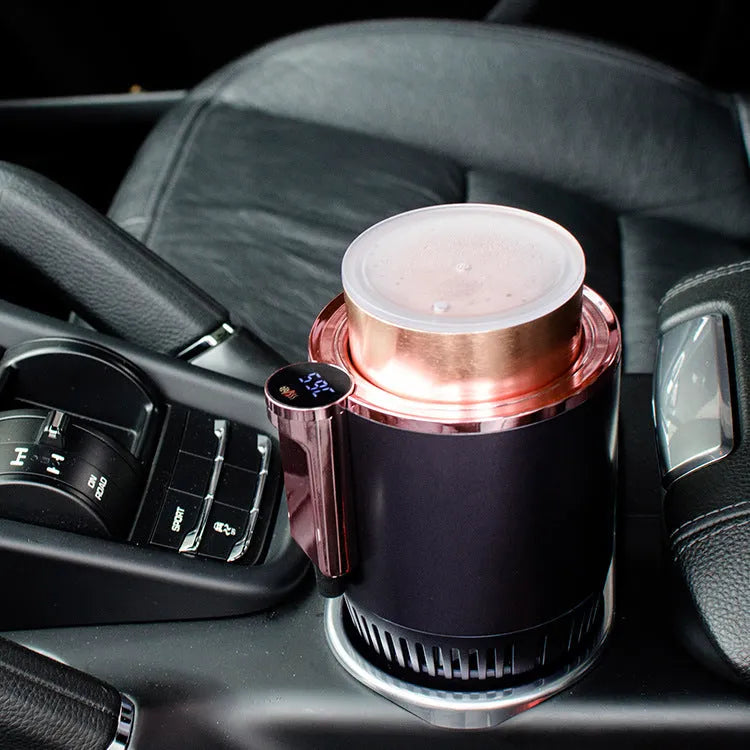 Black 2-in-1 car cup holder with digital temperature display for heating and cooling drinks