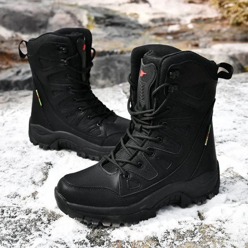 Men's cowhide leather hi-top hiking shoes with platform sole in beige colour