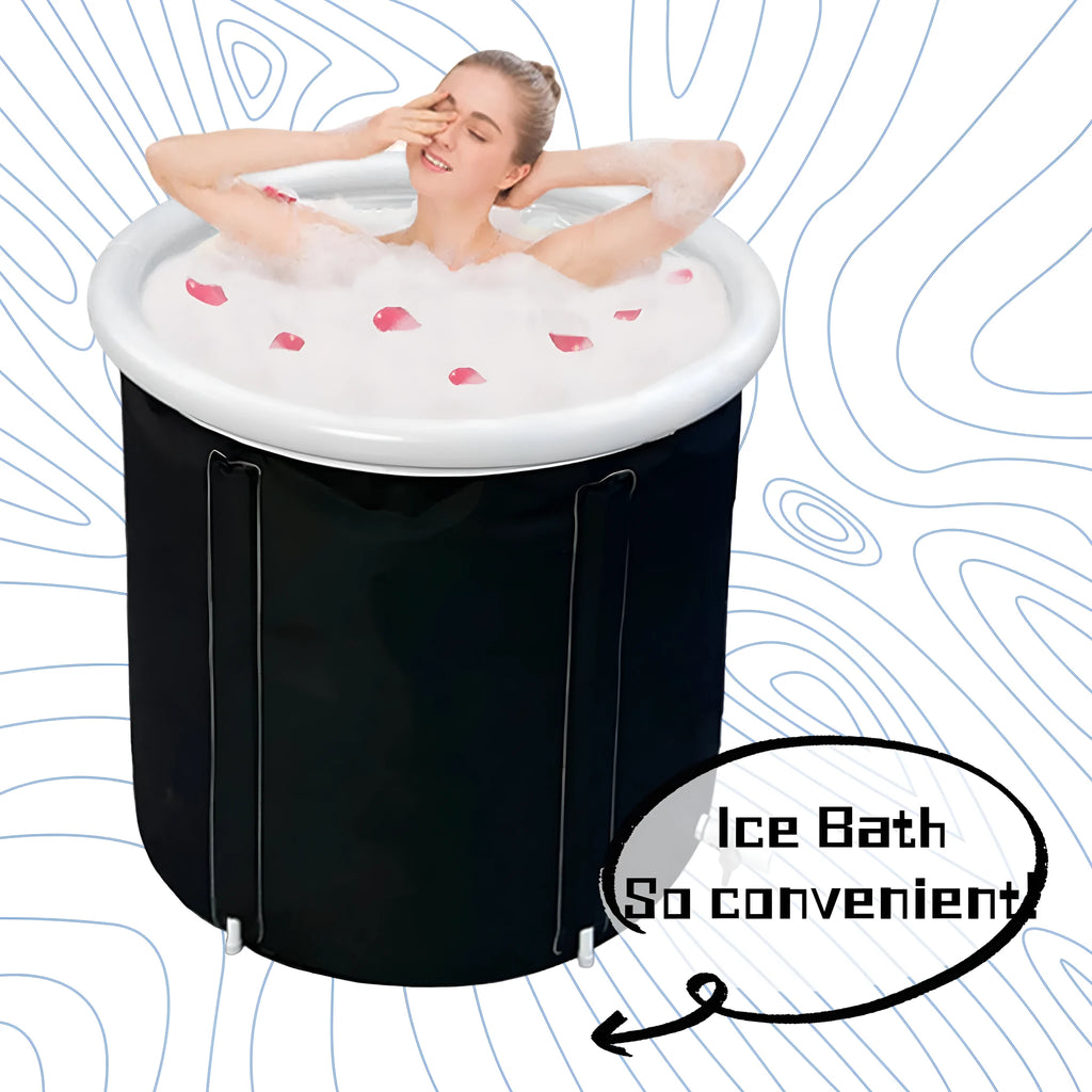 Black portable inflatable ice bath tub with weather lid for recovery therapy