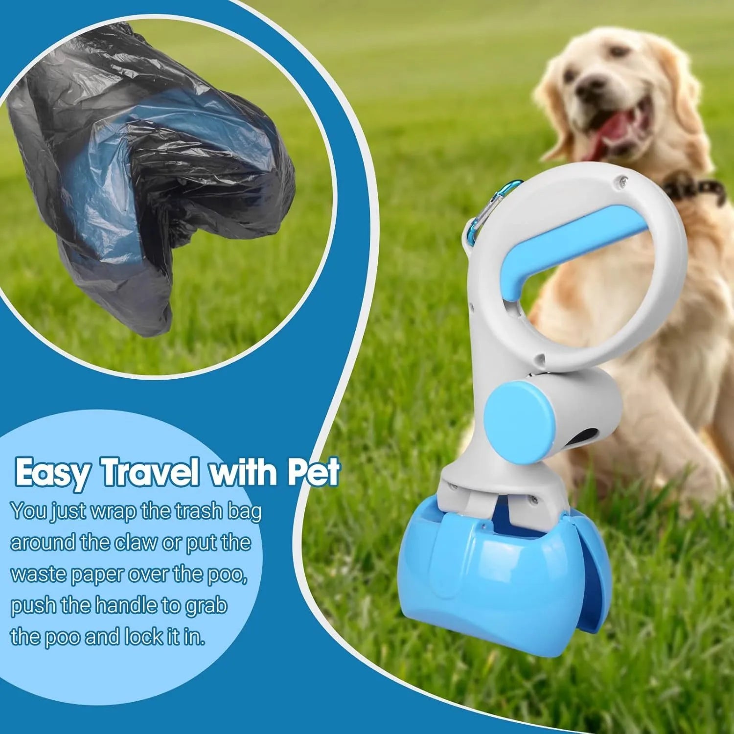 ABS plastic pet pooper scooper with integrated trash bag holder and top hanging hook