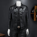 Men's long-sleeved lapel motorcycle PU leather coat in black, regular fit with bag cover slit pockets