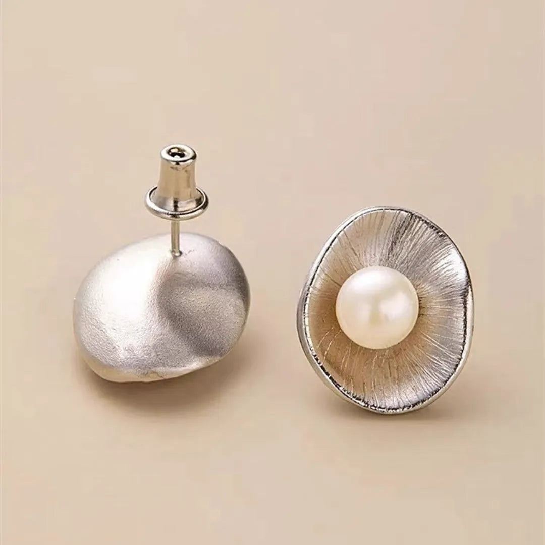 Gold geometric pearl earrings on sterling silver posts for women's jewellery