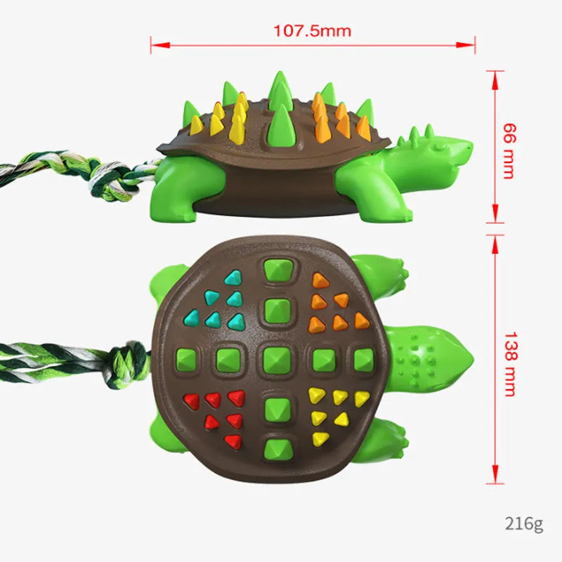 Natural rubber dog toothbrush chew toy with dinosaur design and tug-of-war tail in mint flavour