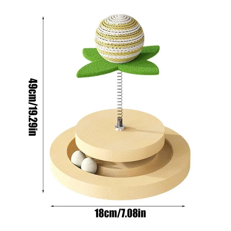Green sisal scratching pad cat toy with multi-layer circular ball tracks containing rotating balls