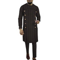 Men's African-striped cotton two-piece set showing long-sleeved top and matching trousers