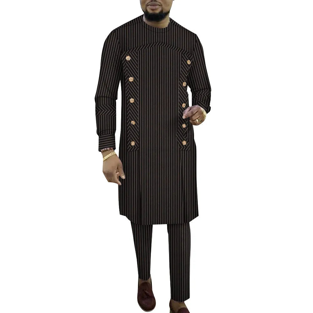 Men's African-striped cotton two-piece set showing long-sleeved top and matching trousers