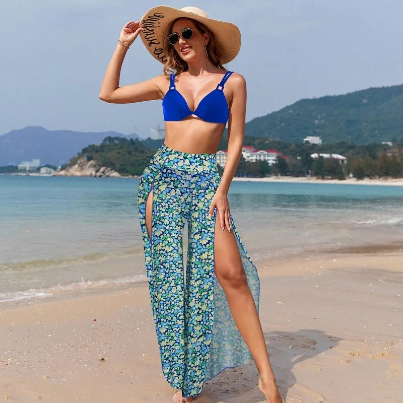Women's three-piece bikini swimsuit set in quick-dry polyester with high elasticity, showing bra with shorts and pants options