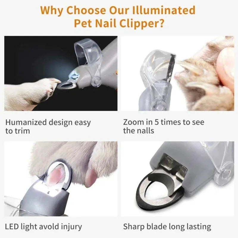 Yellow pet nail clipper for dogs and cats with built-in LED light and magnifying lens on handle.