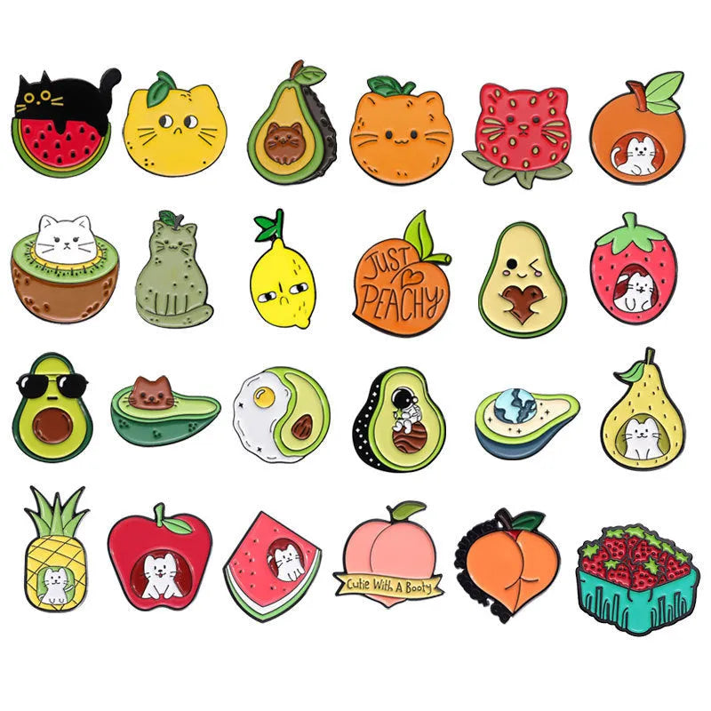 Colourful cartoon-style fruit and letter design zinc alloy brooch with pin back.