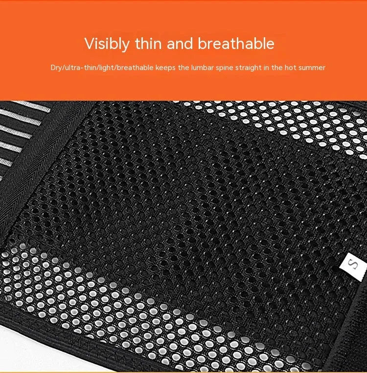 Black breathable sports waist support with internal steel plate for lumbar protection during fitness activities