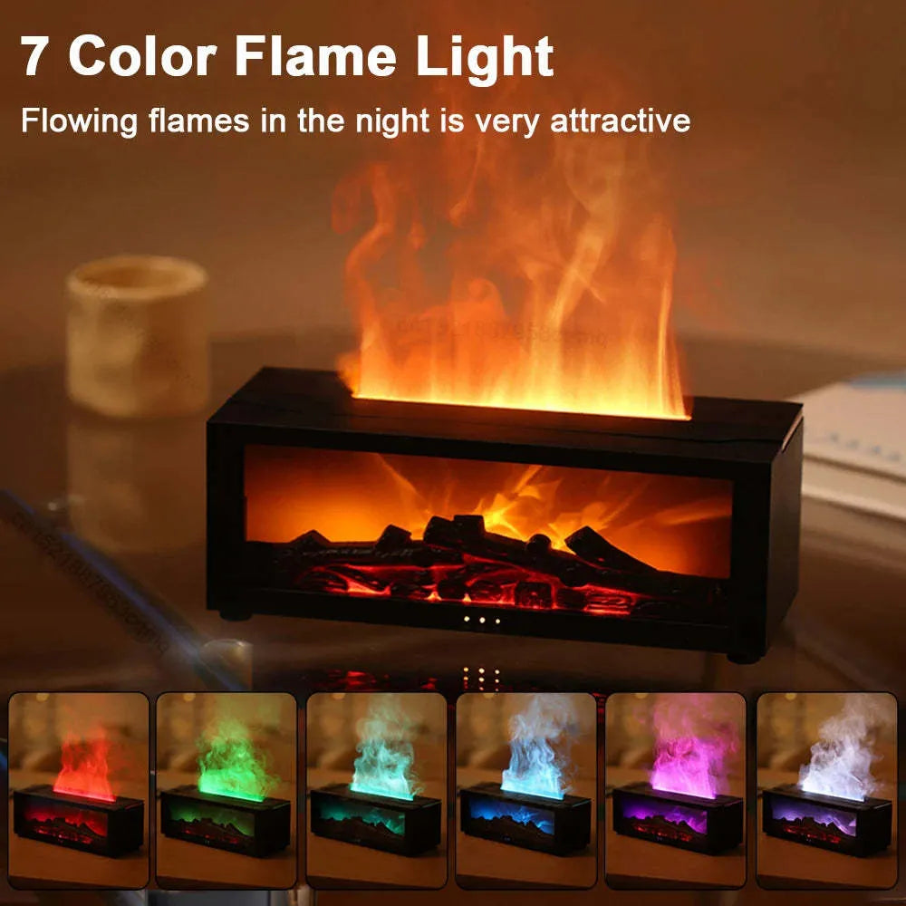 Square black flame effect aromatherapy diffuser with coloured LED lights and mist emitting, remote control beside it.