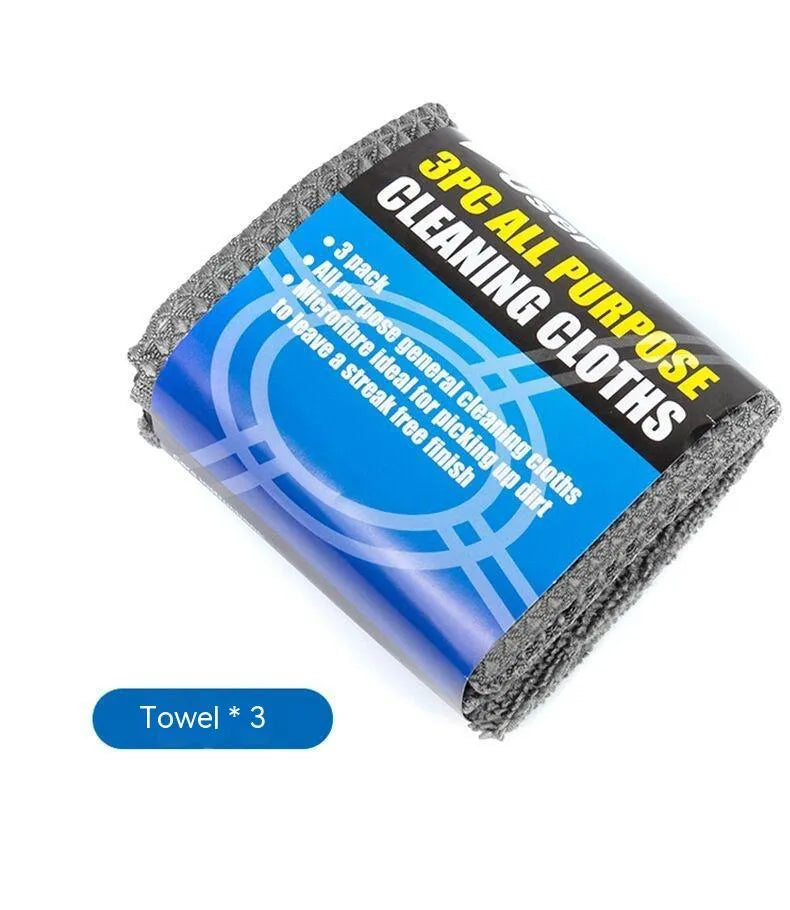 Grey nine-piece car wash cleaning set showing microfiber sponge, gloves, tyre brush, and cleaning towels