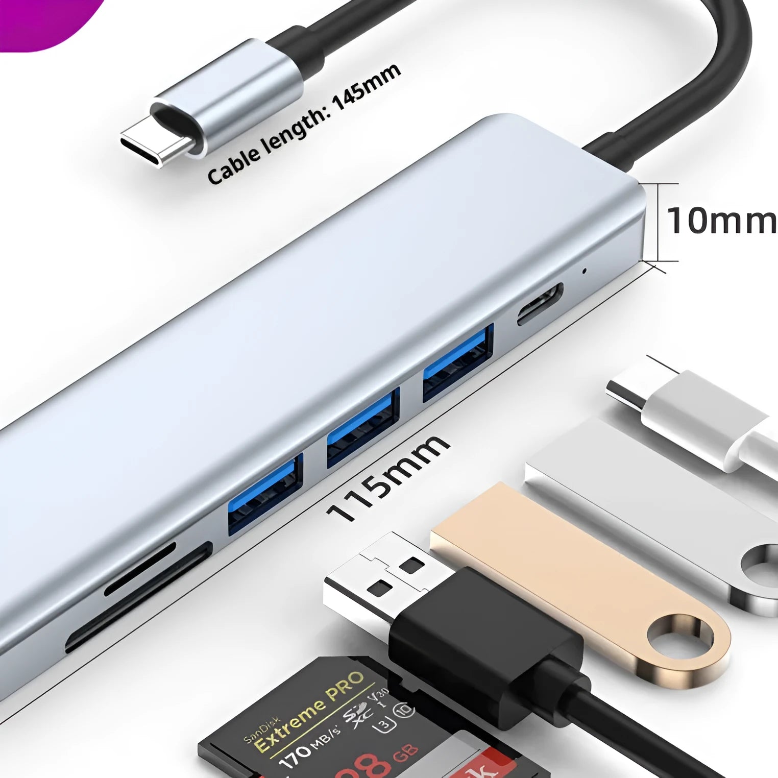 Seven-in-one USB C docking station expander hub with aluminium housing and multiple ports.