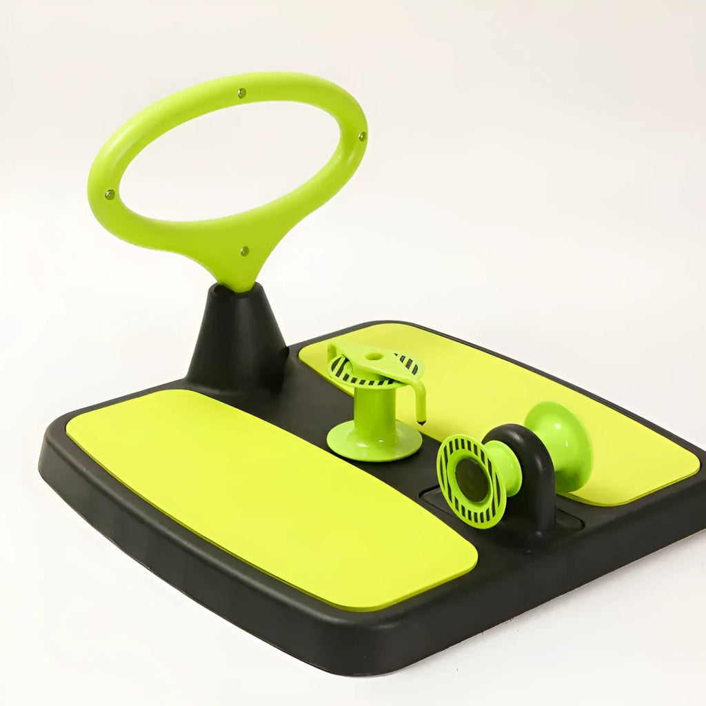 Green multifunctional fitness machine arm stretcher in colour box with dimensions 40.5 x 41 x 11.5 cm
