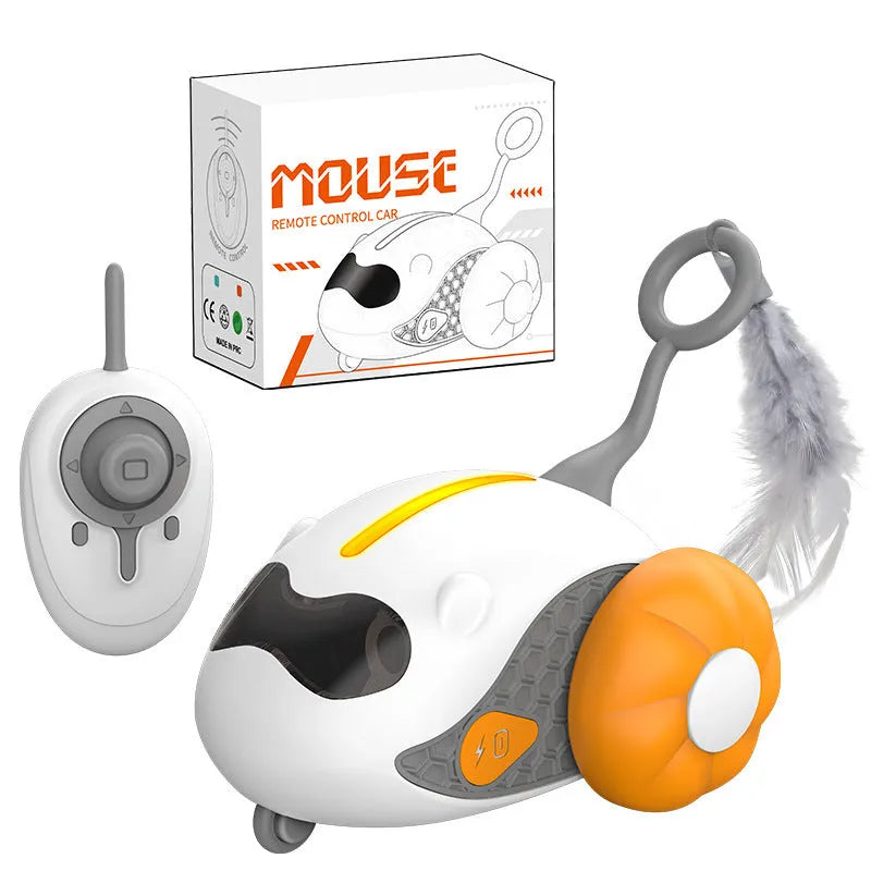 Blue and orange remote control cat toys with feather attachments and charging cable