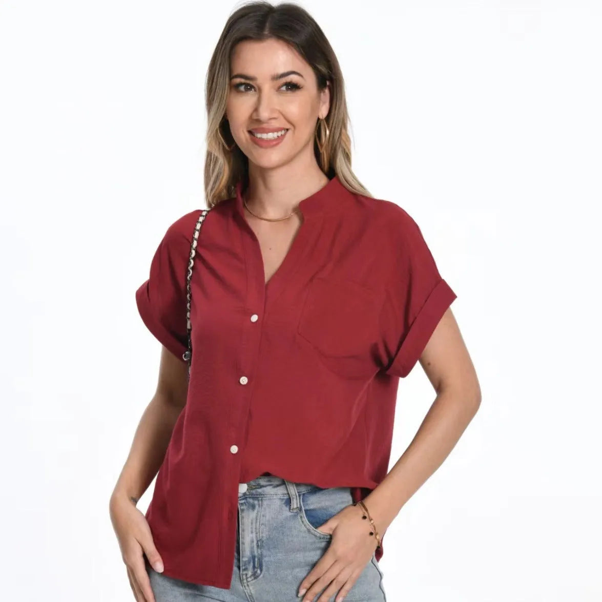 Women's loose fit stand collar button short sleeve top in Army Green colour