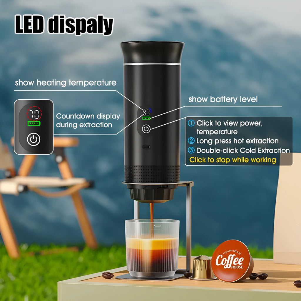 Portable electric capsule coffee machine for car and outdoor travel in silver finish, showing LCD display.