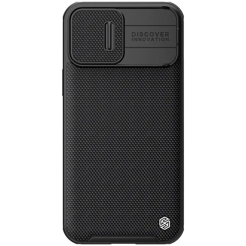 Black textured UniPro series sliding back cover case for Apple iPhone 13 Pro Max on a table.