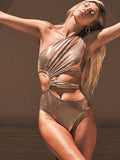 Women's gold backless one-piece swimsuit with sleeveless design and solid colour