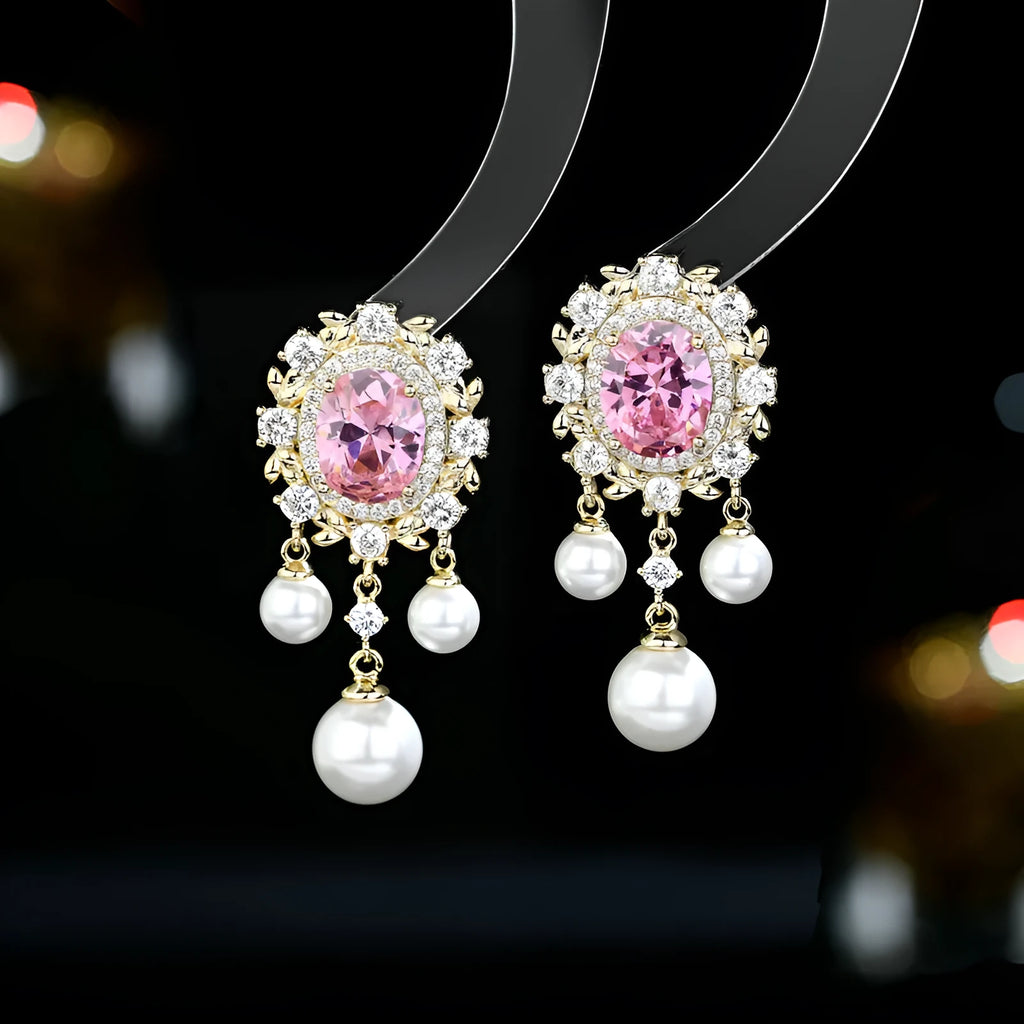 Oval geometric zircon inlaid pearl tassel earrings in copper with light purple colour option
