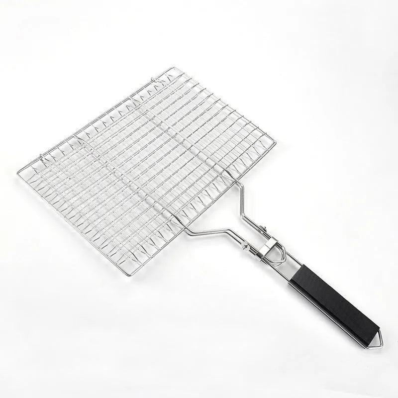 Square folding stainless steel barbecue grill mesh basket with a cleaning brush.