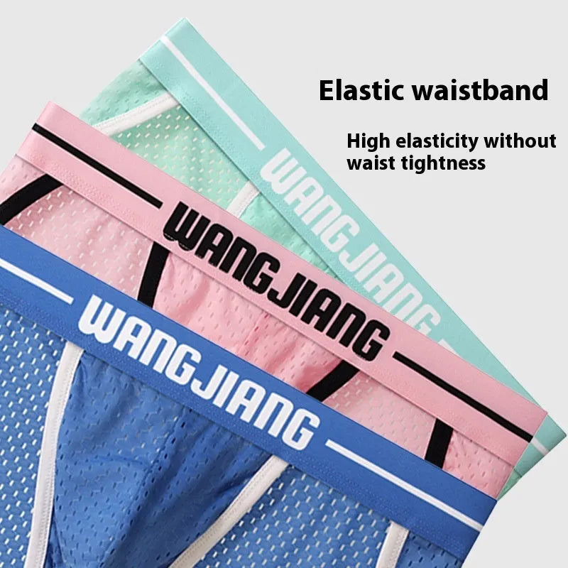 Men's black Ice Silk mesh triangle underwear briefs laid flat, showing solid colour and fabric texture.