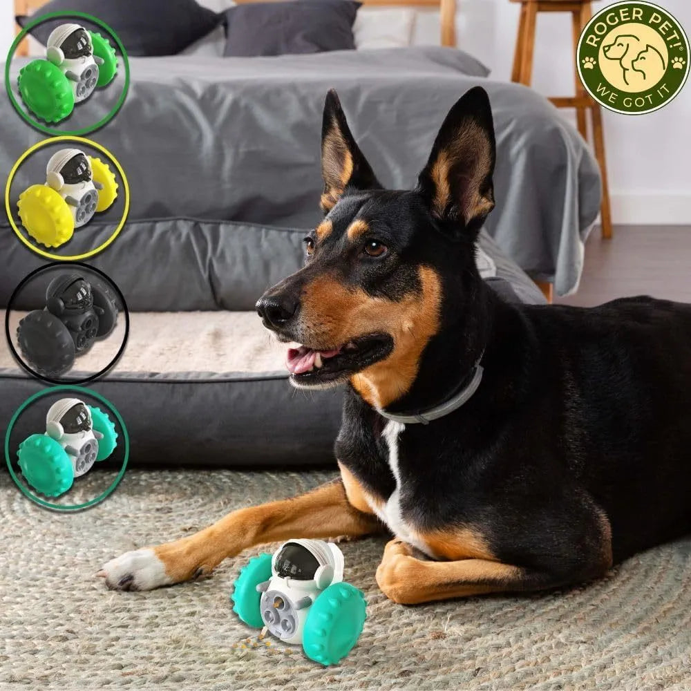 Self-balancing dog treat dispenser toy in robot design with tumbler mechanism