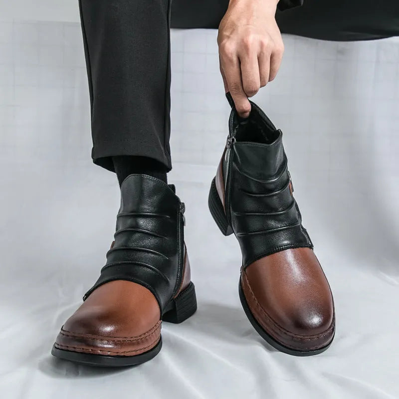 Men's British style martin booties in brown with side zipper, artificial PU upper, and rubber sole