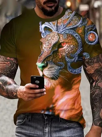 Men's black T-shirt with three-dimensional lion graphic print on front