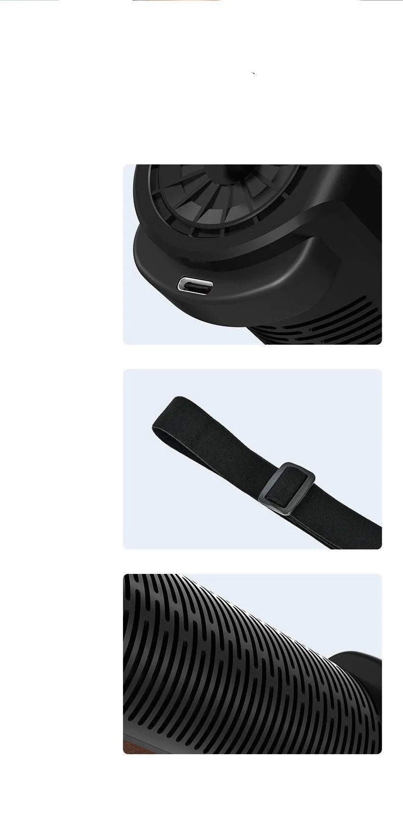 Black bladeless car mounted fan with USB cable showing compact rectangular design