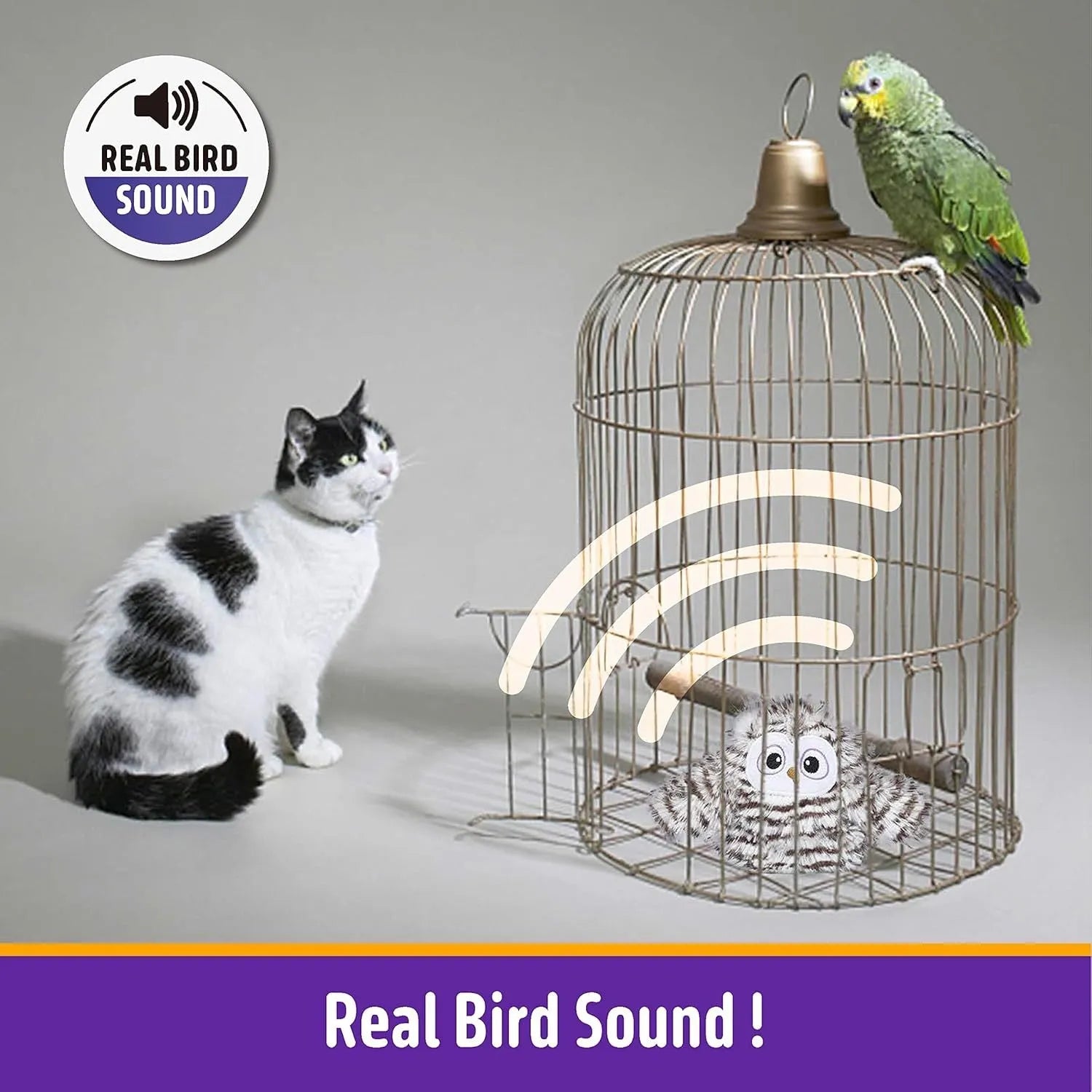 Grey automatic owl cat toy with flapping wings for indoor feline entertainment
