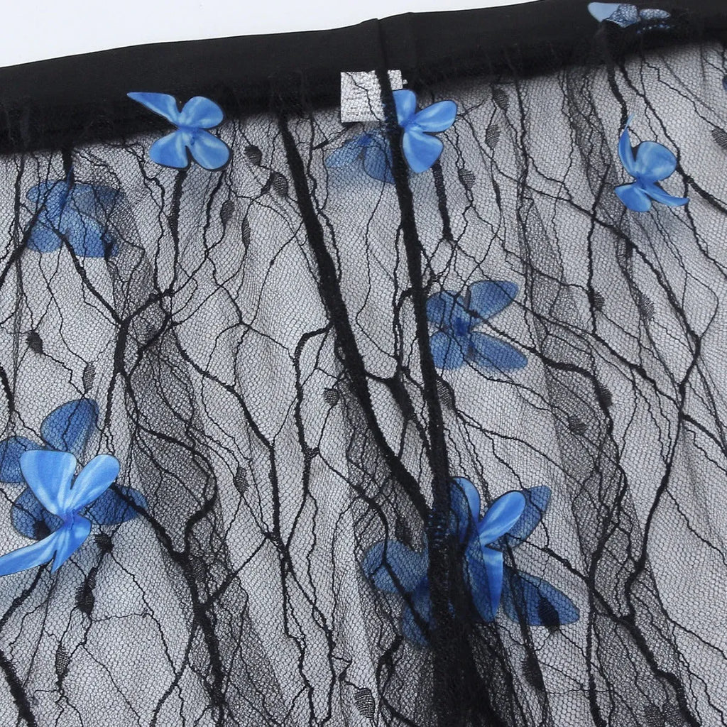 Women's black butterfly patterned bikini three-piece swimsuit set with transparent voile fabric