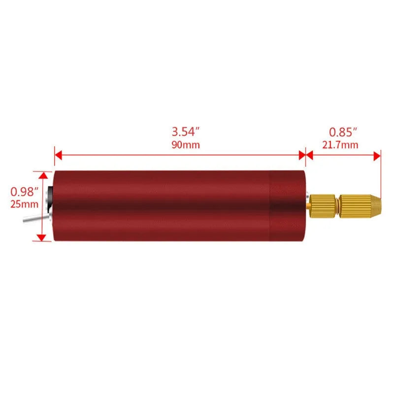 USB-powered aluminium alloy mini electric drill grinder with three drill bits and a wrench on a workbench.