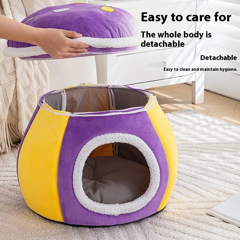 Mushroom-shaped plush cat nest with detachable rabbit blanket in grey pink purple colours