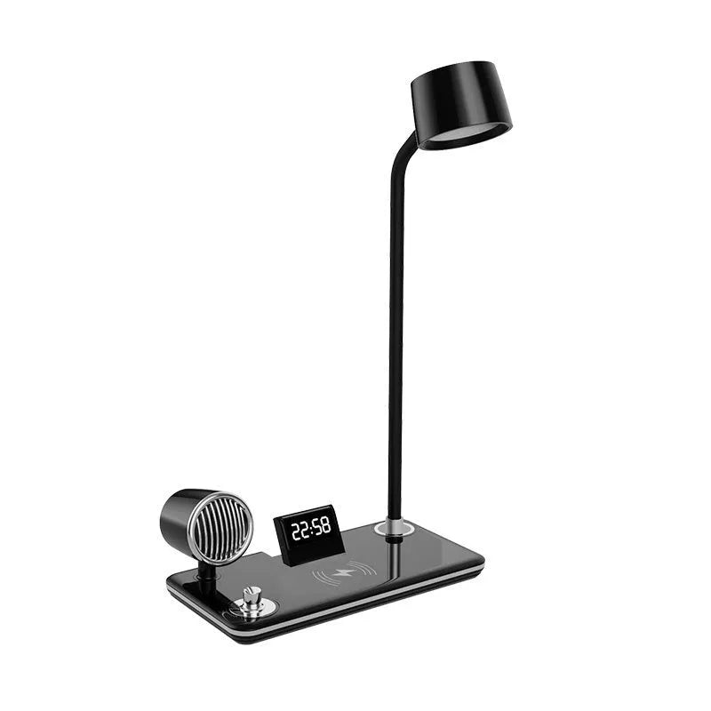 White and black intelligent wireless charging lamp with digital time display on desk