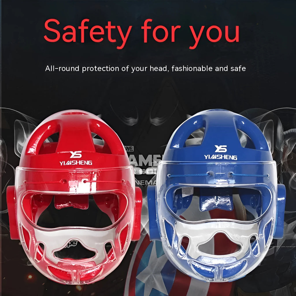 Karate helmet for boxing head protection shown in white, blue, and red colour options.