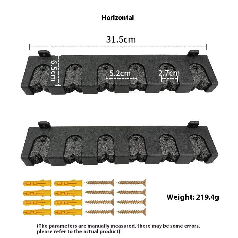 Black ABS plastic wall-mounted fishing rod holder bracket for upright or horizontal storage.