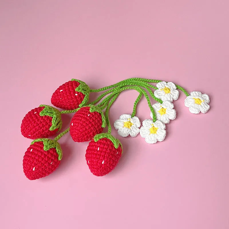 Wool crochet strawberry pendant necklace with knitted texture and 35cm length