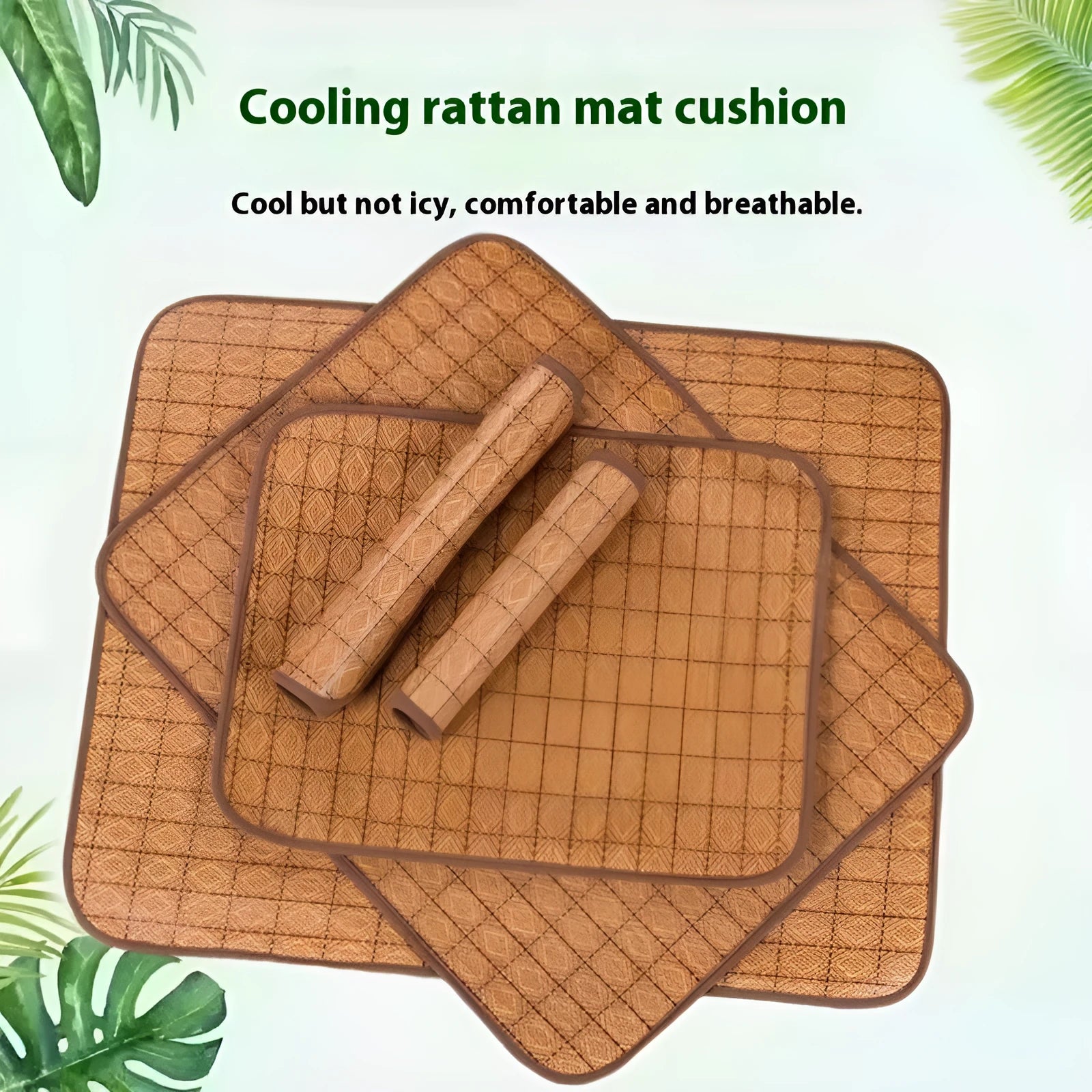 Brown rattan fibre cooling mat for dogs, shown in a large size on a floor.