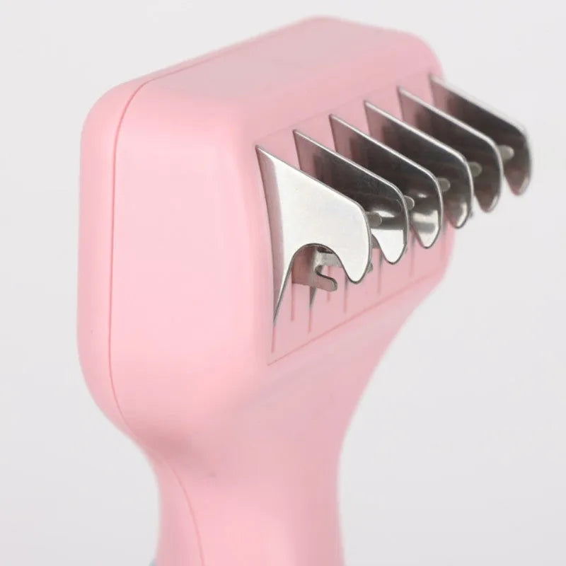 Pink pet grooming comb with stainless steel knot knife, massage brush, and cat brush attachment
