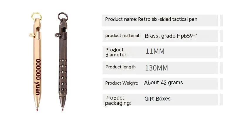 Brass hexagonal roller pen with six-angle barrel showing 0.5mm tip