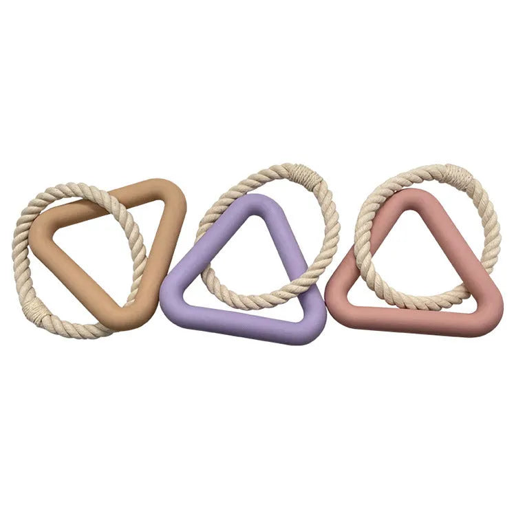Large triangular dog pull ring toy made from beige cotton rope.