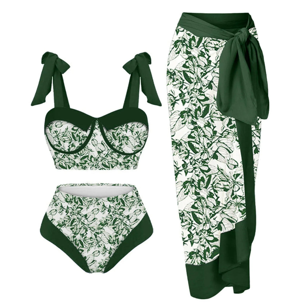 Women's printing split swimsuit three-piece set in a floral pattern, showing skirt, bra, and panties.