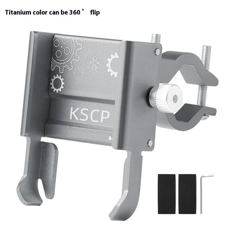 Aluminium alloy mobile phone holder mounted on bicycle handlebars showing black colour option