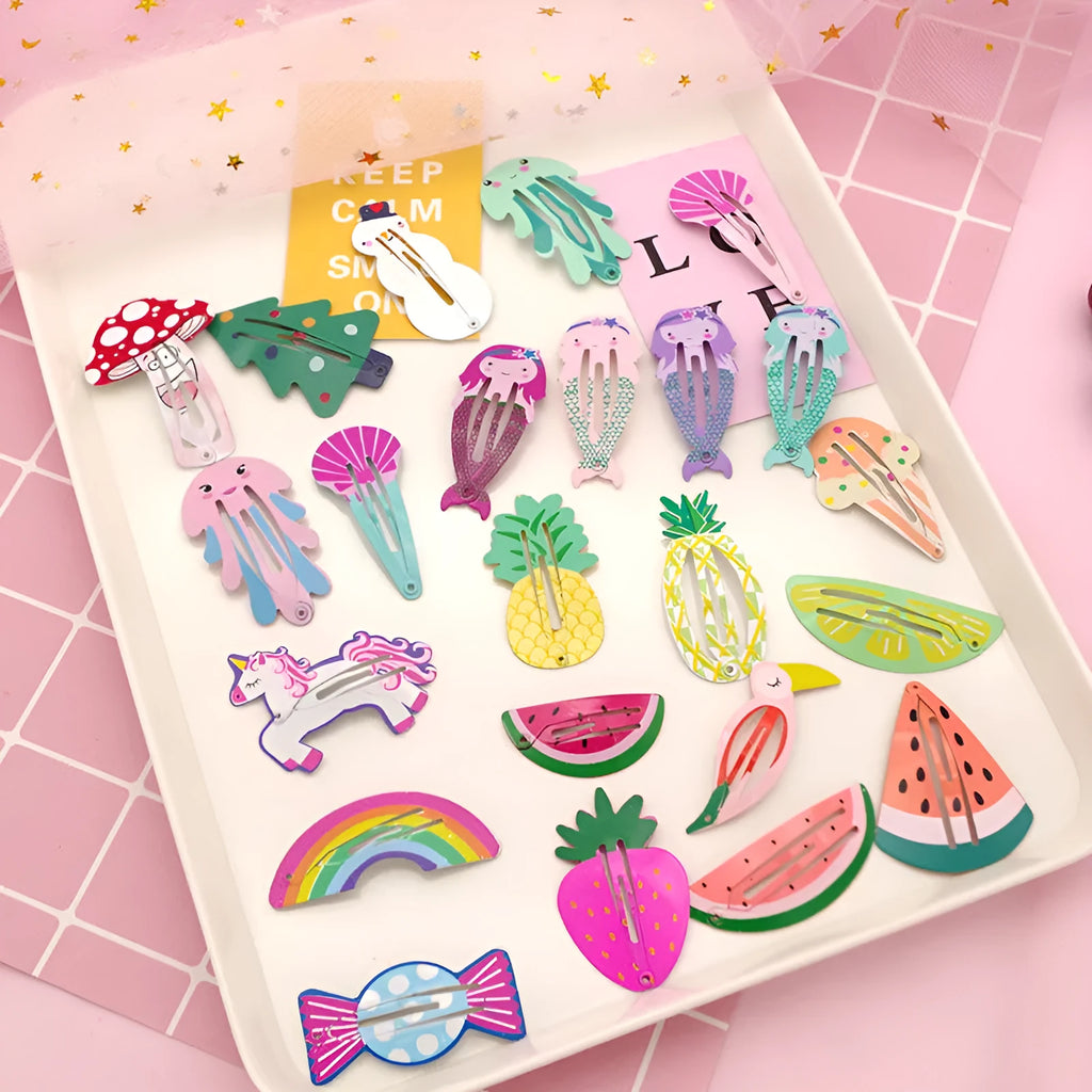 Children's metal hair barrette with colourful printed strawberry design and baking varnish finish