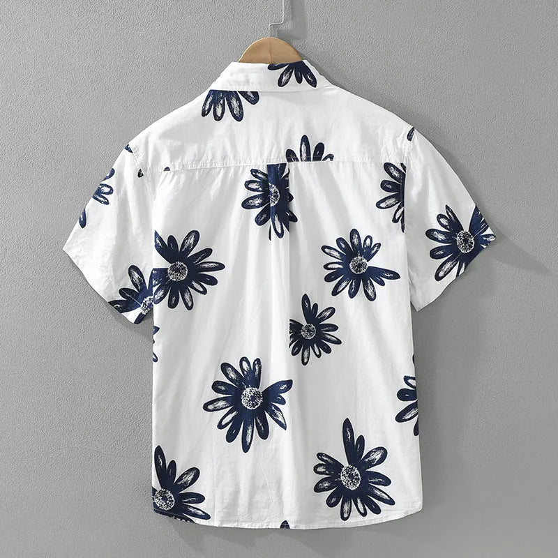 Printed short sleeve shirt cardigan in cotton blend fabric showing loose fit design