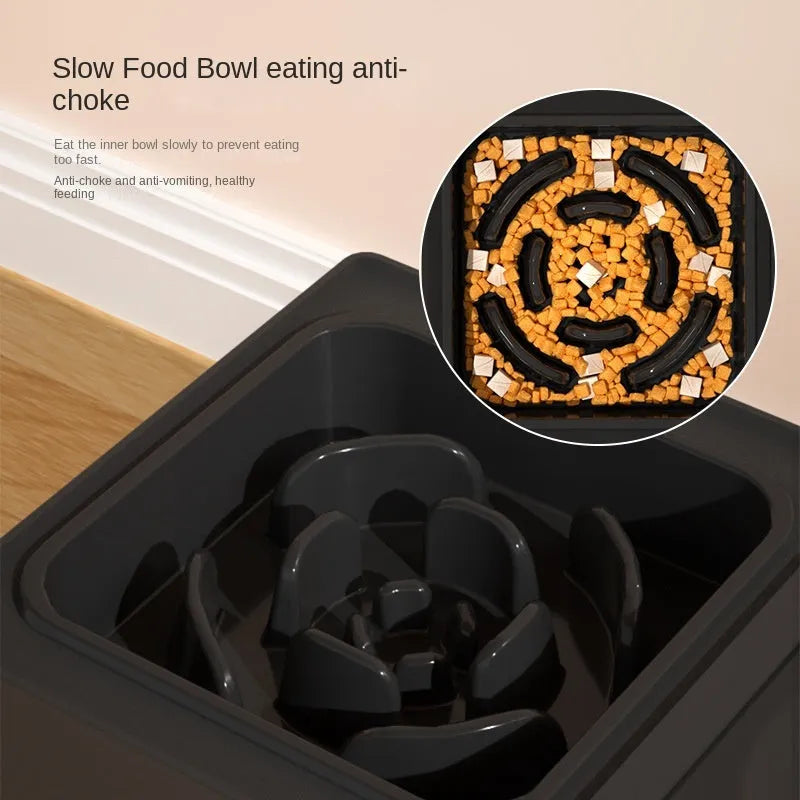Adjustable height dog feeder stand with stainless steel bowls in black or grey
