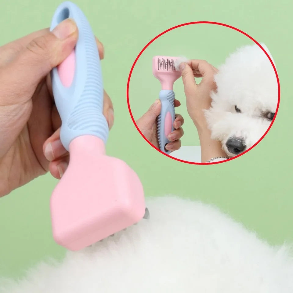 Pink pet grooming comb with stainless steel knot knife, massage brush, and cat brush attachment