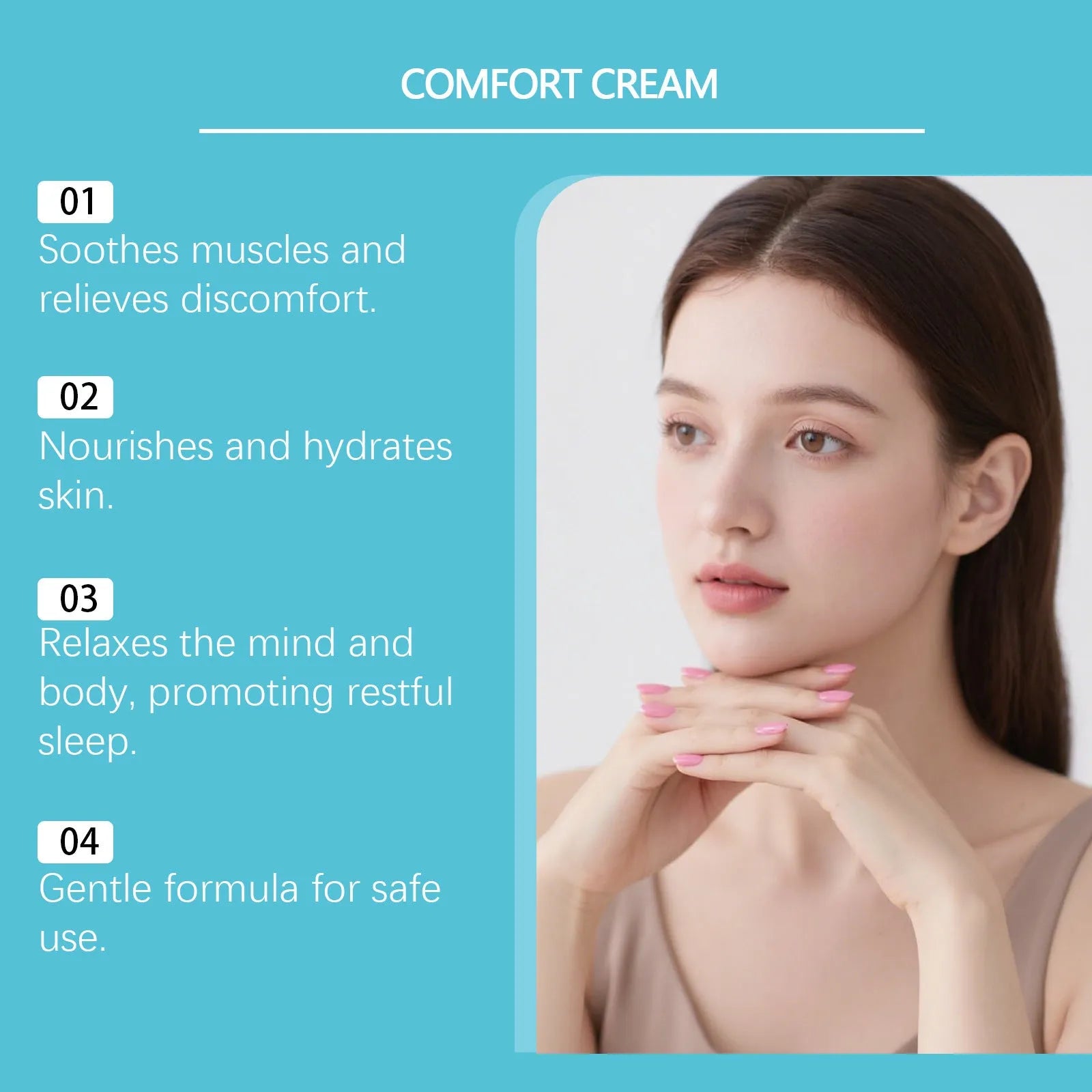 Square 5cm moisturising cream jar containing 50g of gentle hydrating cream with active ingredients