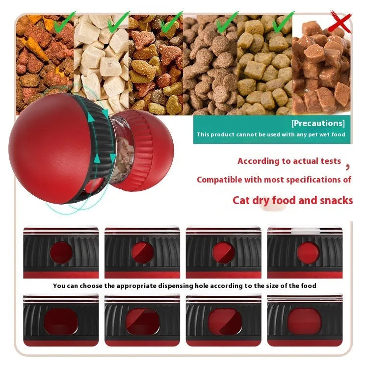 Rotating plastic cat toy in super ball colour that drops a ball and makes sound.